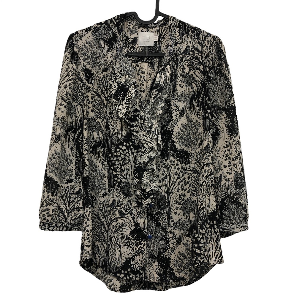 HD in Paris front ruffle blouse with trees & birds owls size 2